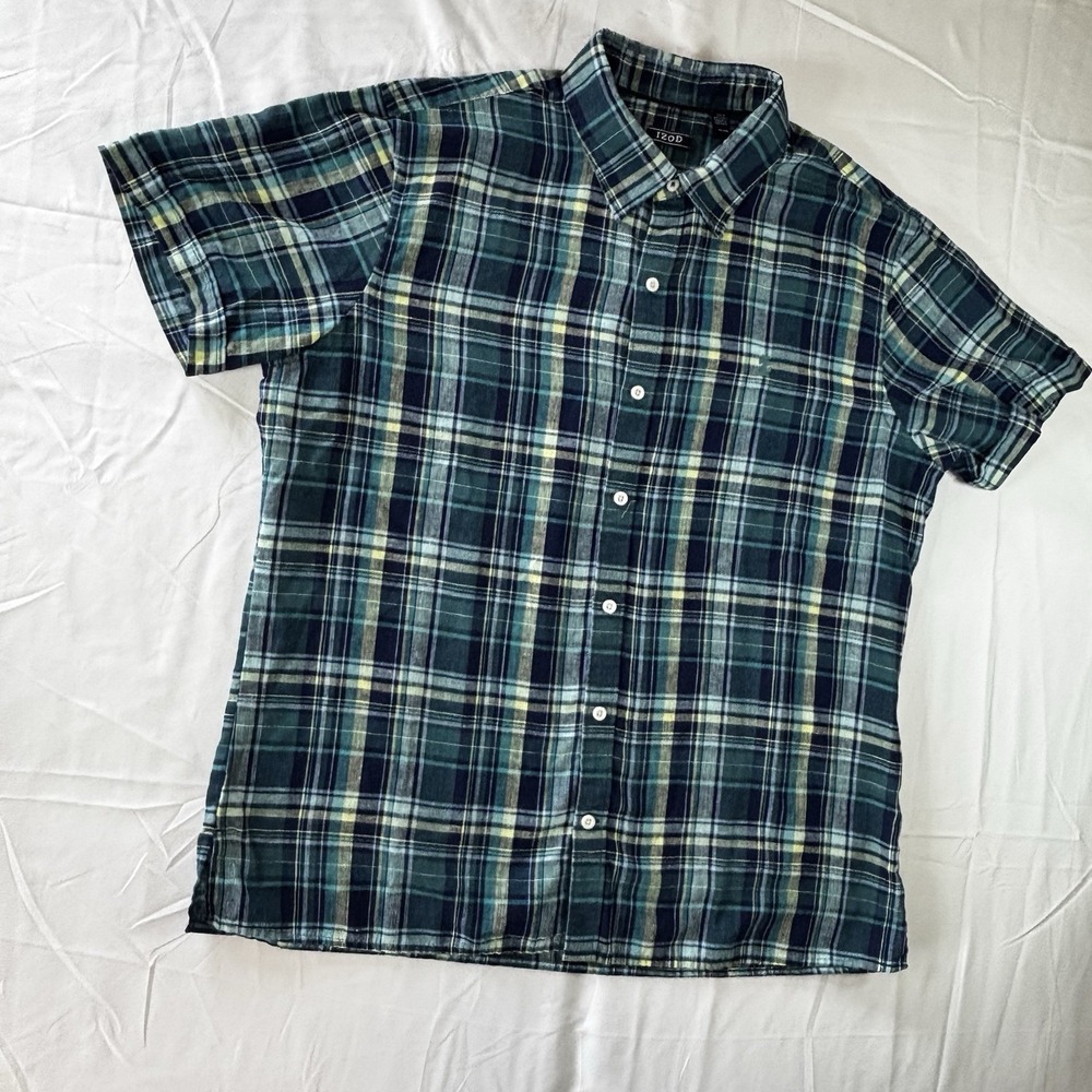 Izod Shirt Men's Size XL Linen‎ Blend Short Sleeve Collar Blue Plaid - Picture 3 of 12
